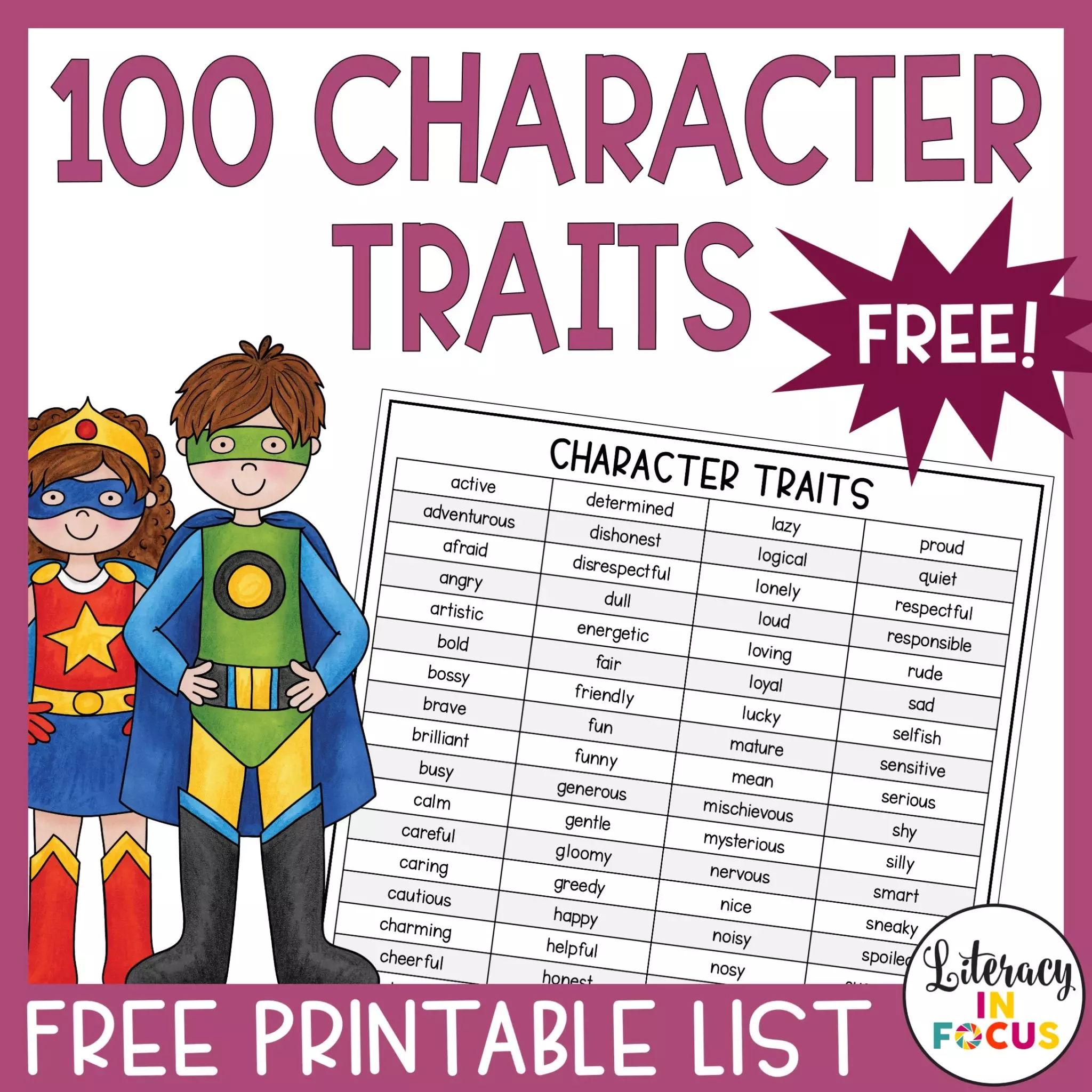 100 Character Traits List Free Printable PDF - Literacy In Focus