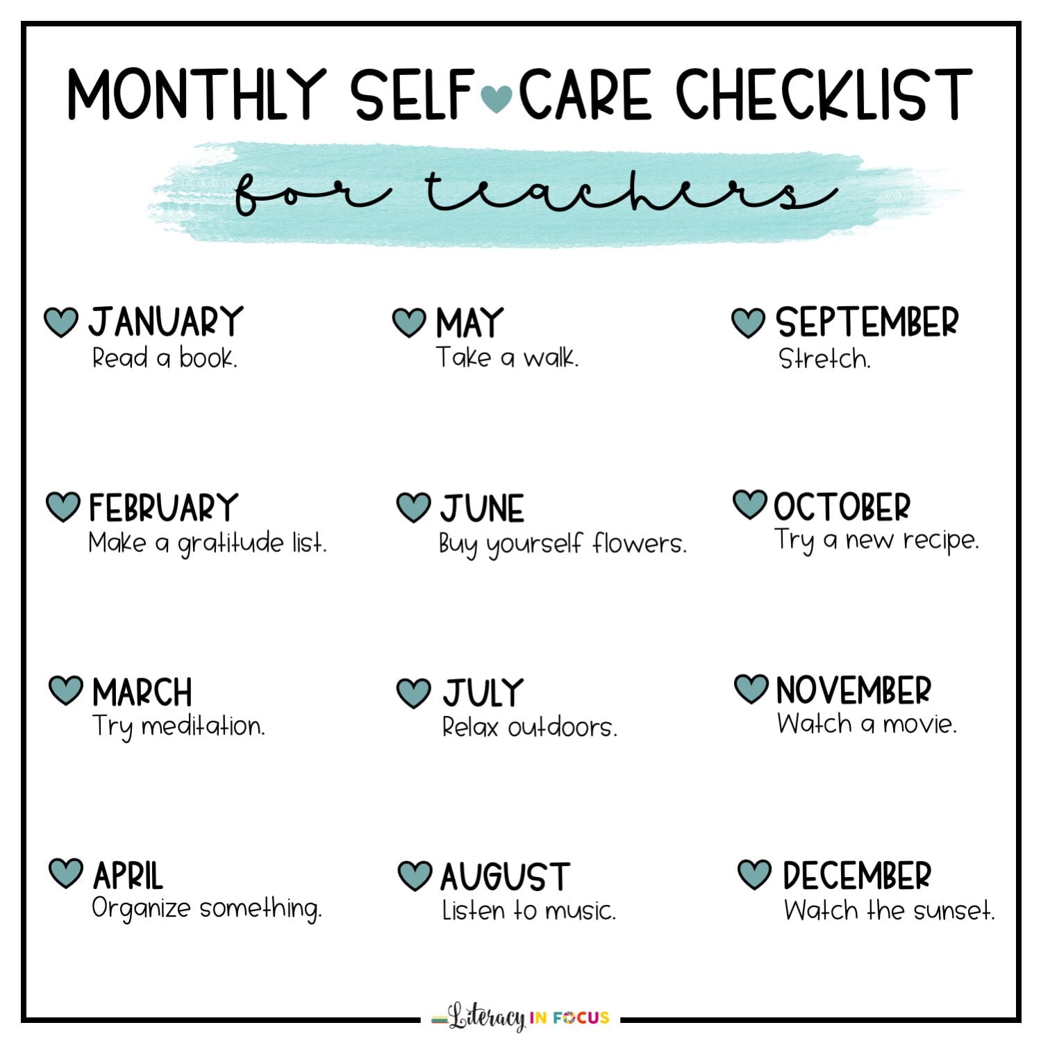 Monthly SelfCare Checklist for Teachers Literacy In Focus