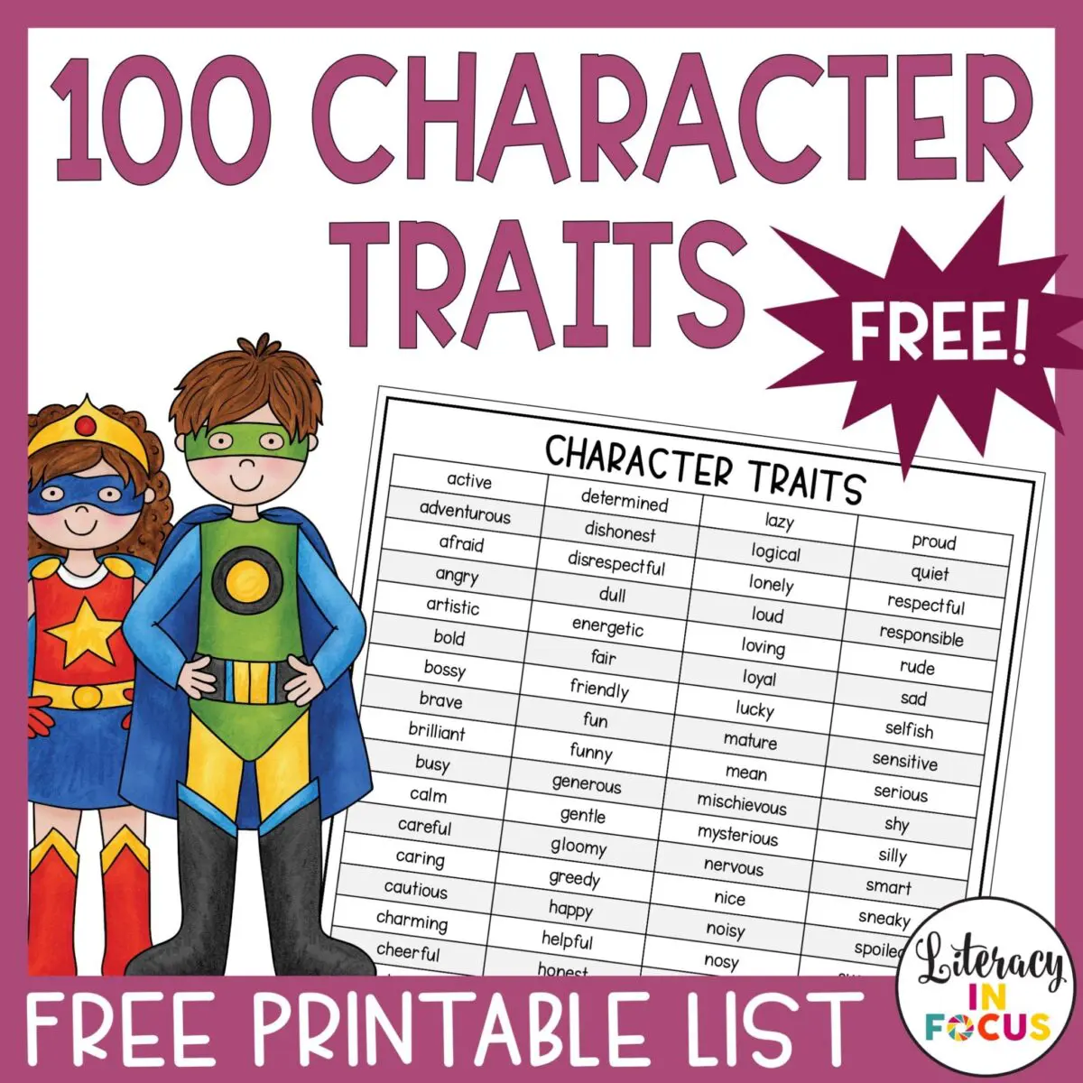 100 Character Traits List Free Printable Pdf Literacy In Focus 4202