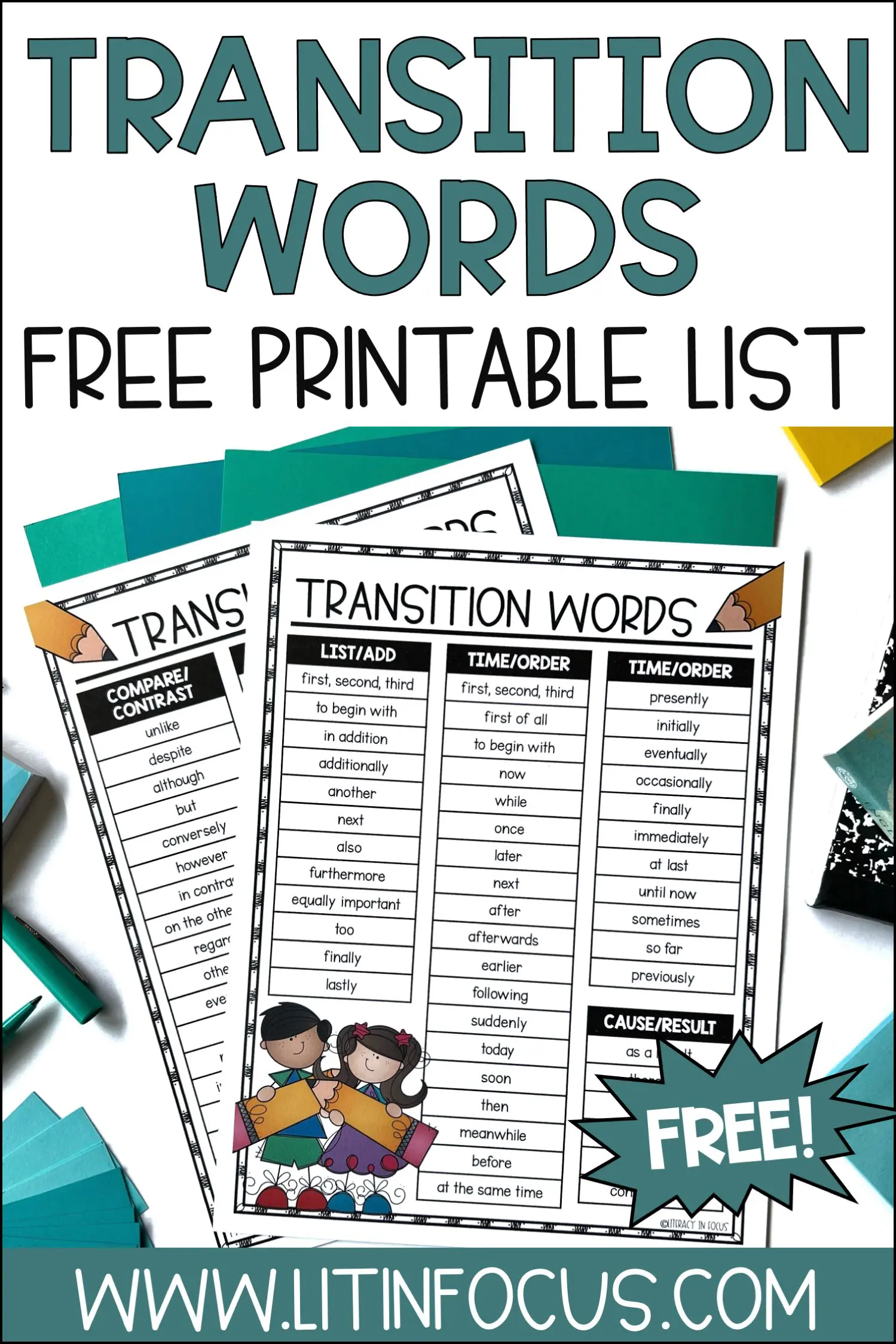 Free Transition Word List PDF for Elementary and Middle School Students